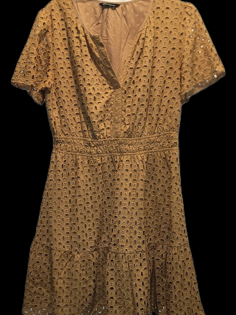 PrettyGarden Mustard Eyelet Short Sleeve Midi Dress L
